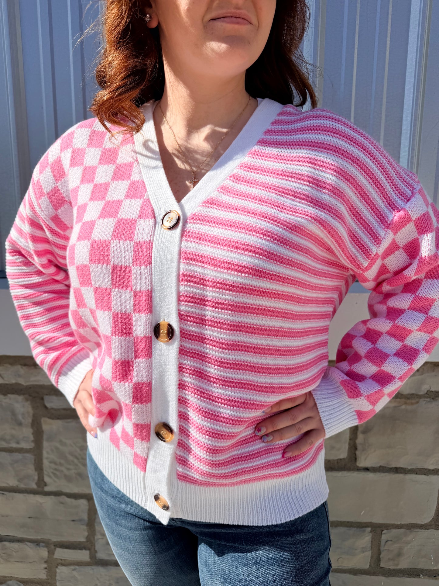 Pink Checkered + Stripes Button Cardigan