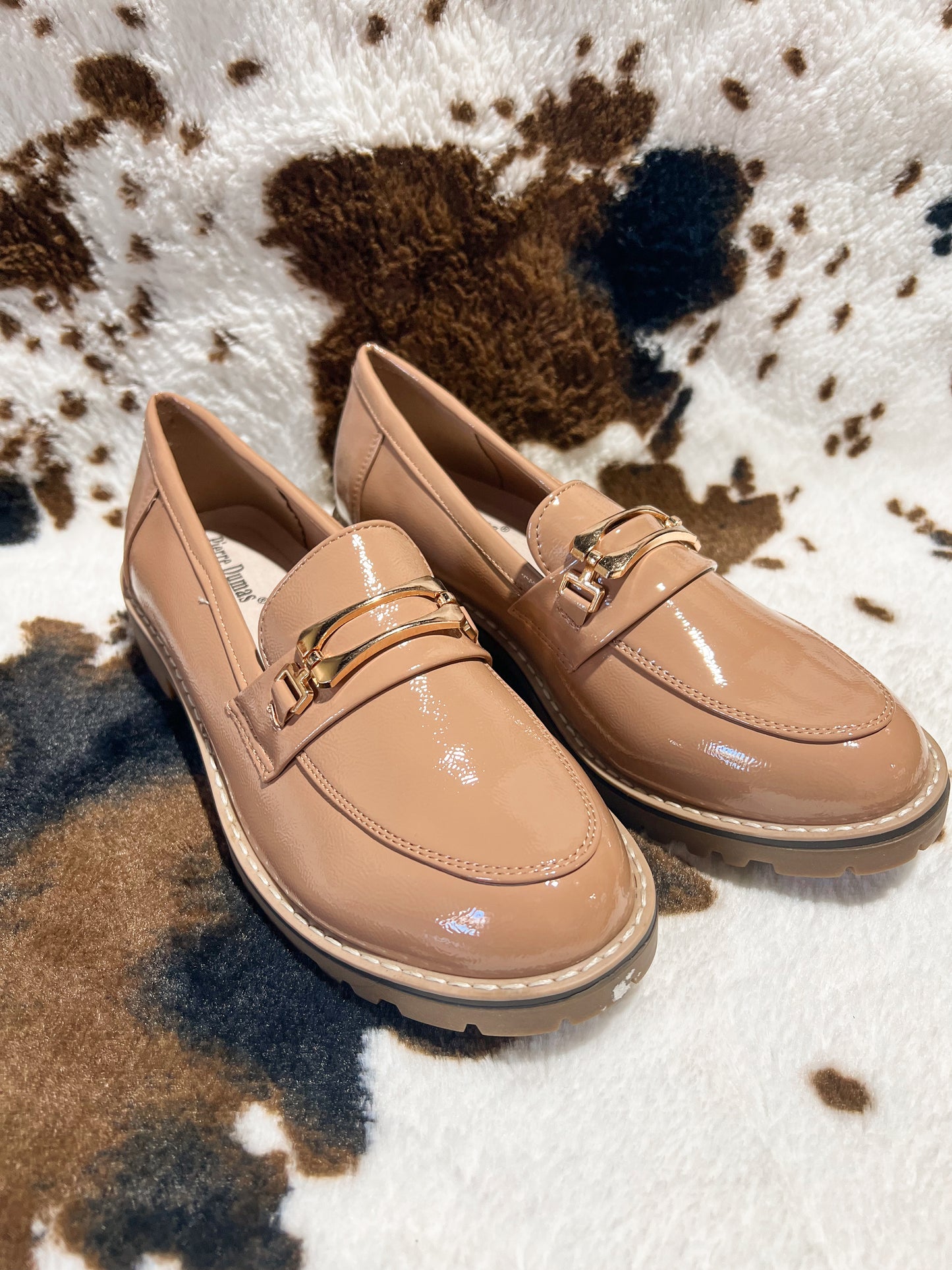 Anessa Taupe Faux Patent Leather Buckle Loafer