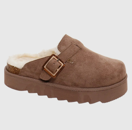 Sunday Taupe Suede Sherpa Lined Platform Mule