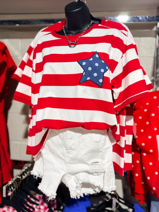 Red Stripe + Star Patch Top