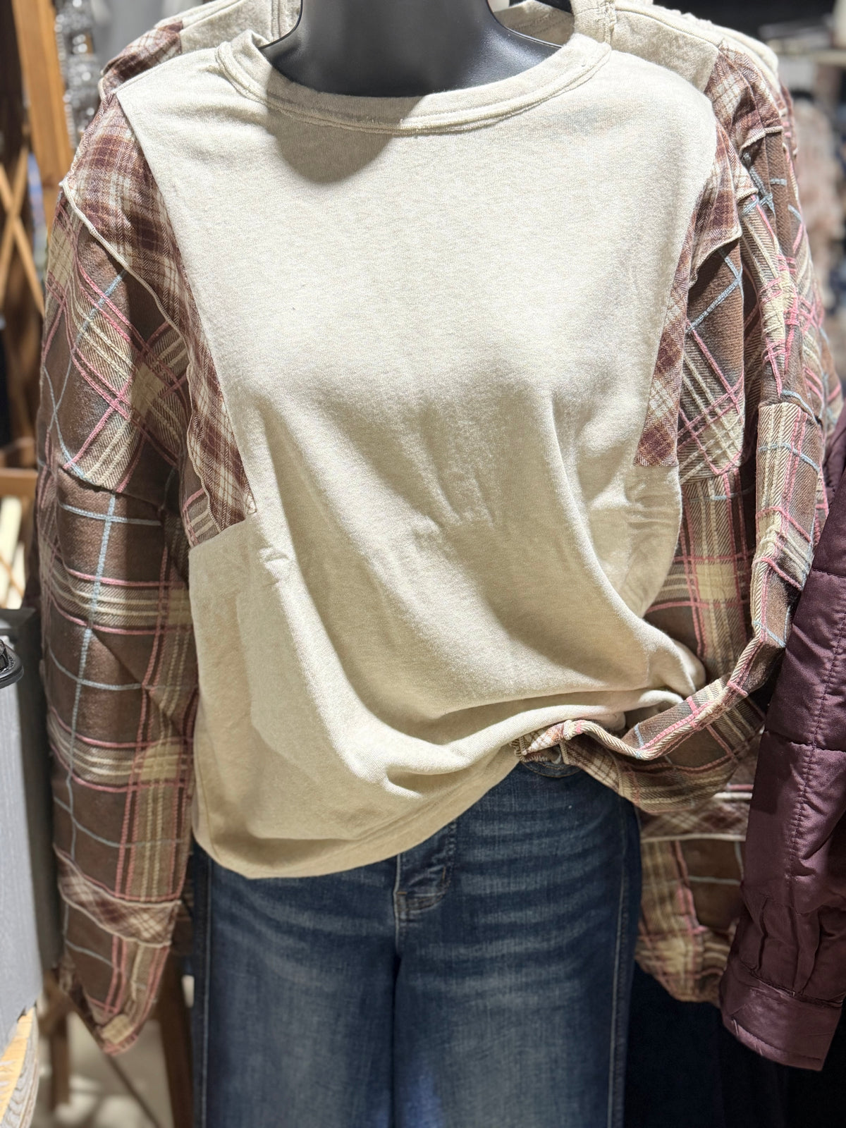 Oatmeal Plaid Contrast Long Sleeve Top