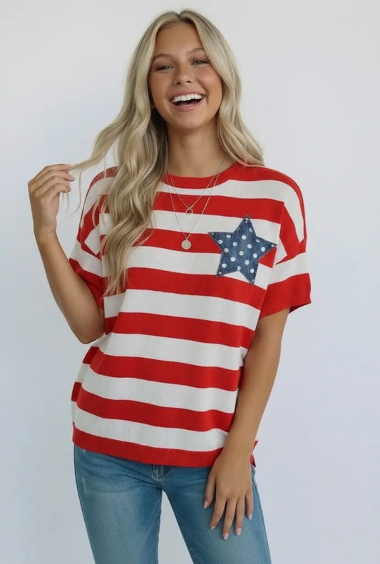 Red Stripe + Star Patch Top