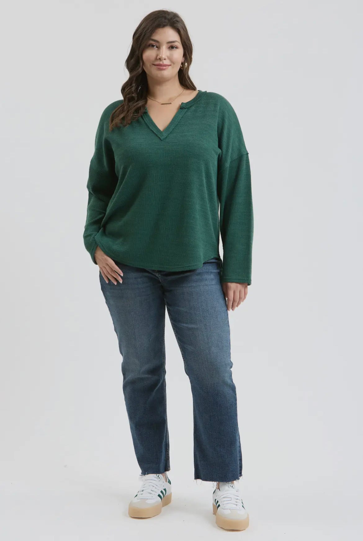 Forest Green Solid Notch Neck Knit Top