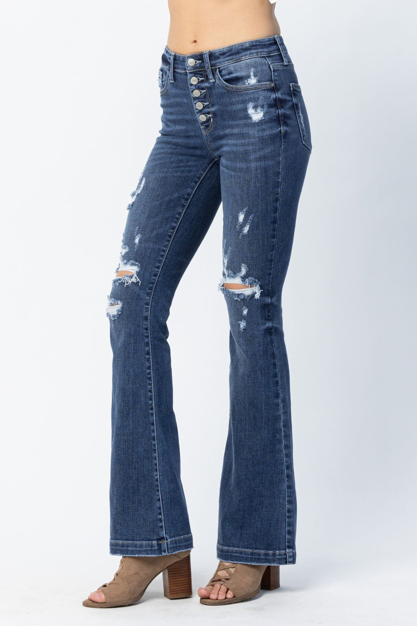 Judy Blue Kierstin Mid-Rise Buttonfly Distressed Flare Jeans (JB 82430)