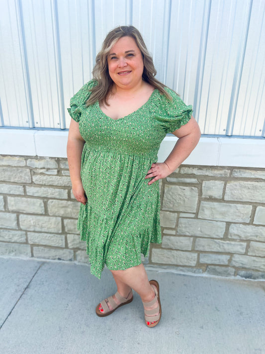 Green Floral Smocked V-Neck Dress