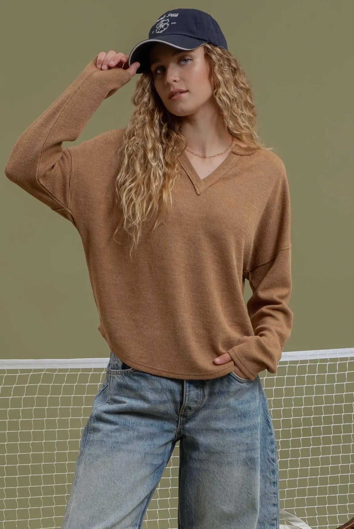 Almond Solid Notch Neck Knit Top