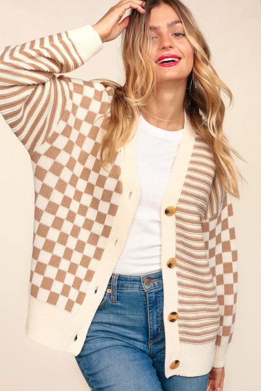 Oatmeal Checkered + Striped Cardigan