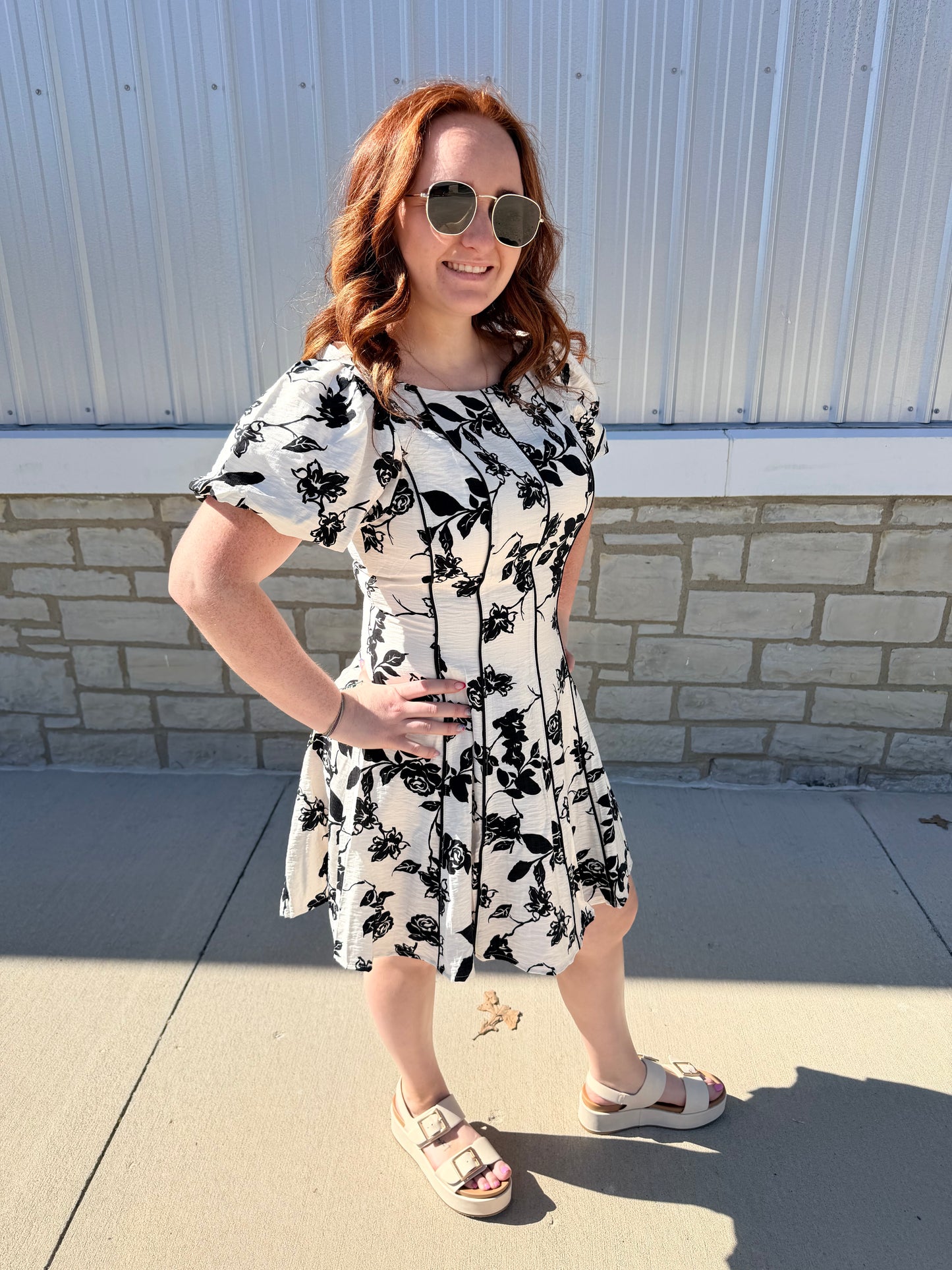 Ivory & Black Floral Fit & Flare Dress