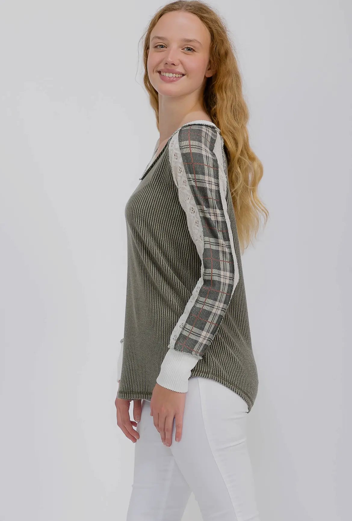 Olive + Plaid Ribbed Colorblock Long Sleeve Top