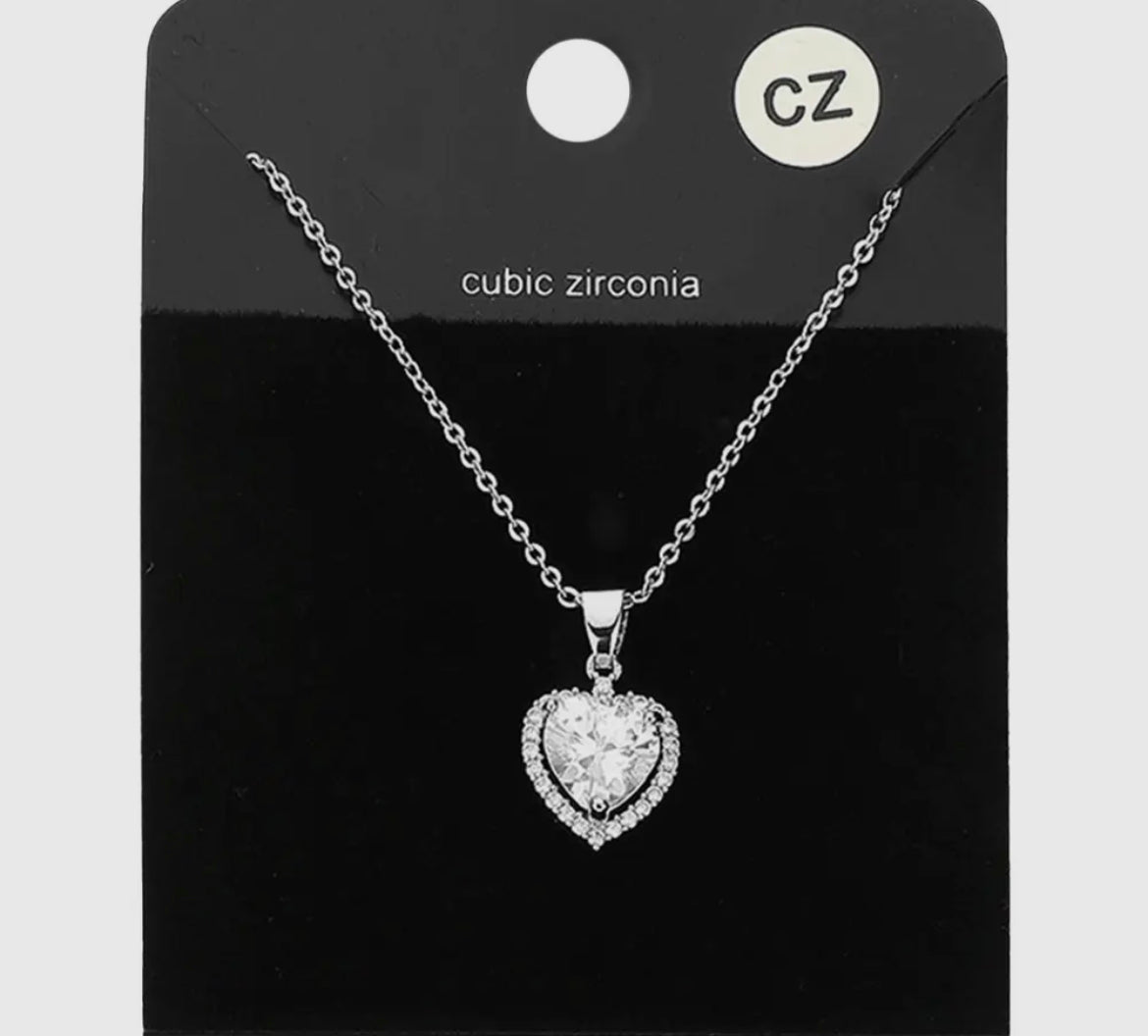 Silver CZ Heart Pendant Necklace