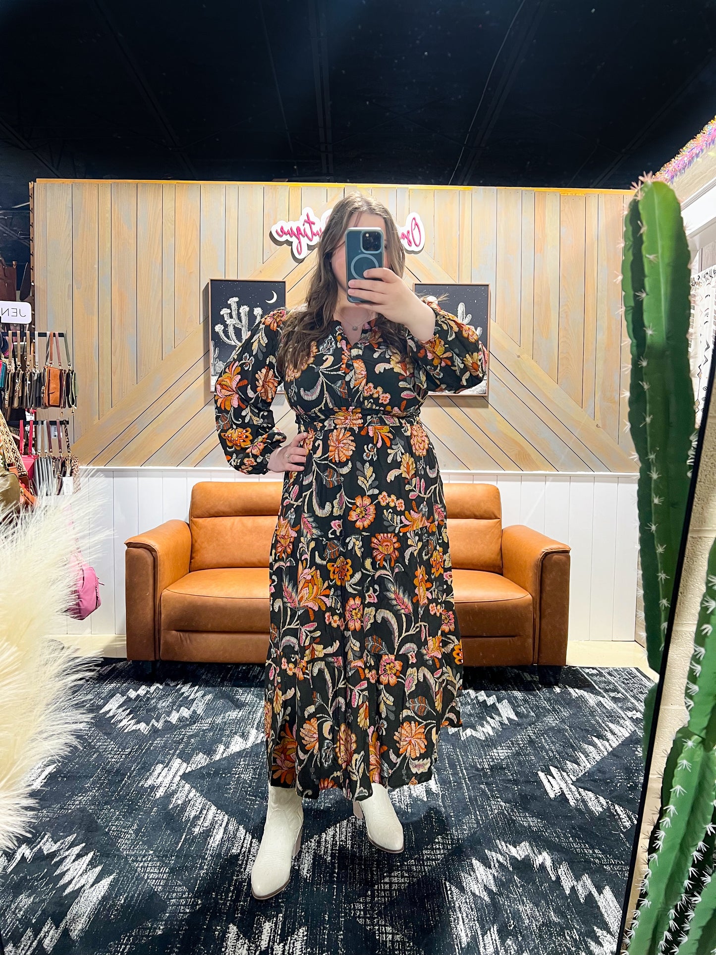 Charcoal Boho Floral Long Sleeve Maxi Dress