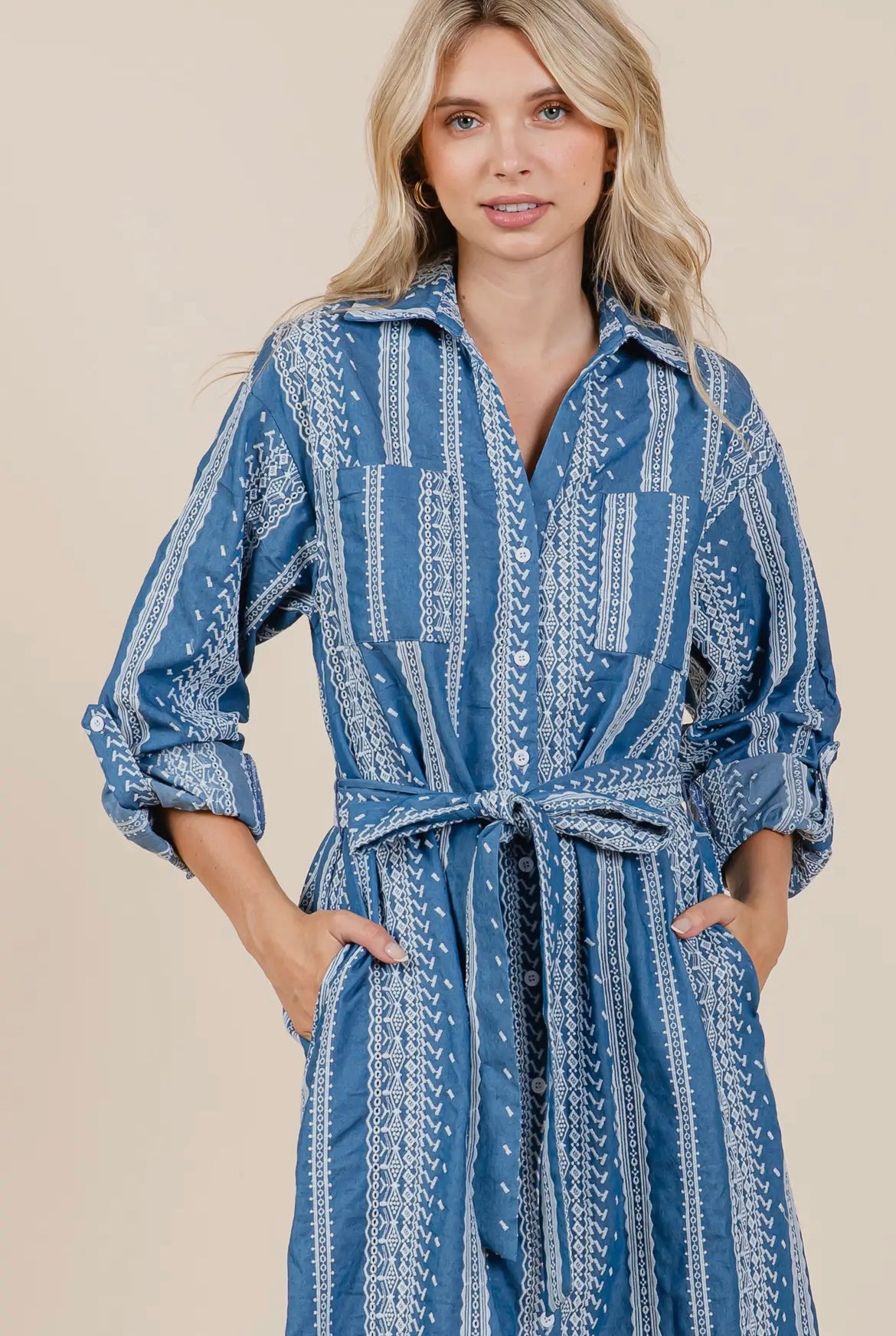 Denim Embroidered Midi Shirt Dress