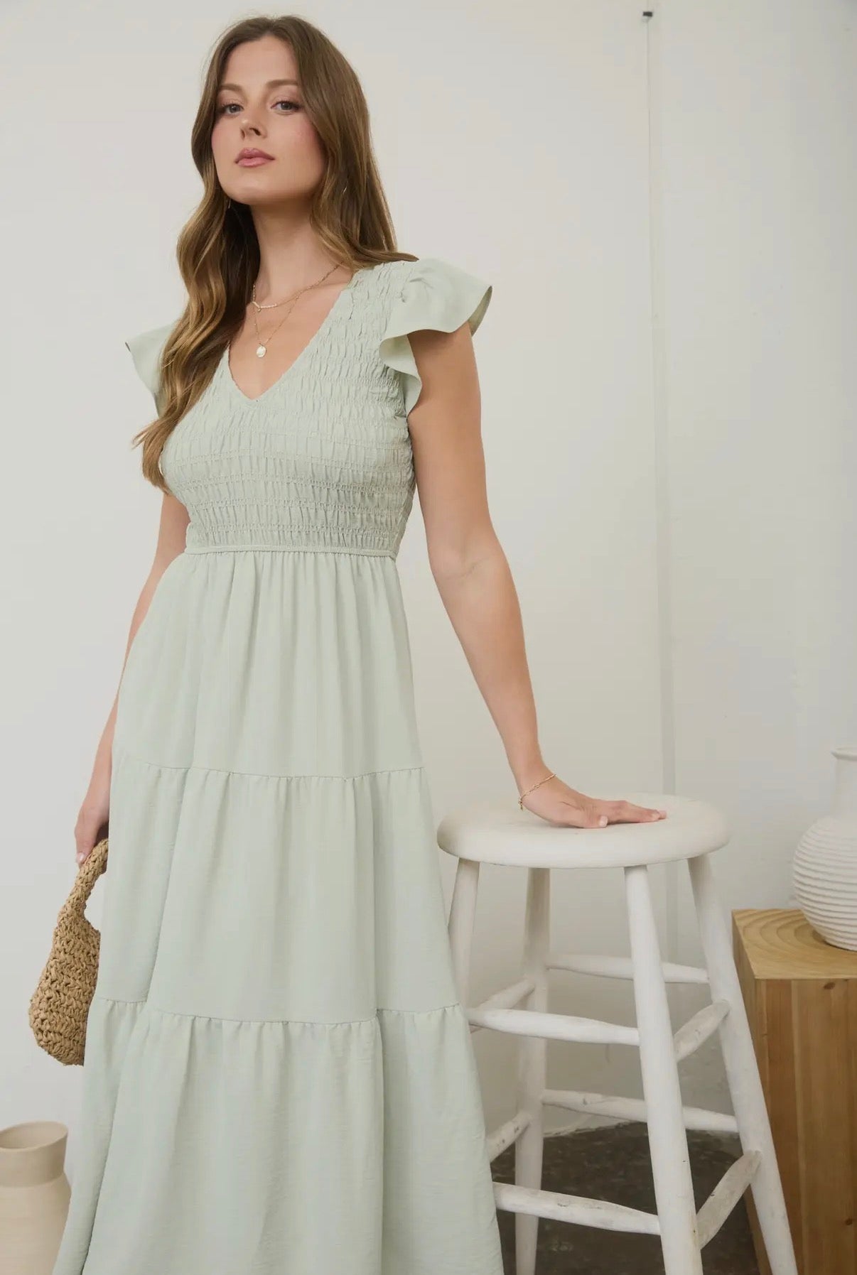 Sage Smocked Flutter Sleeve Midi Dress