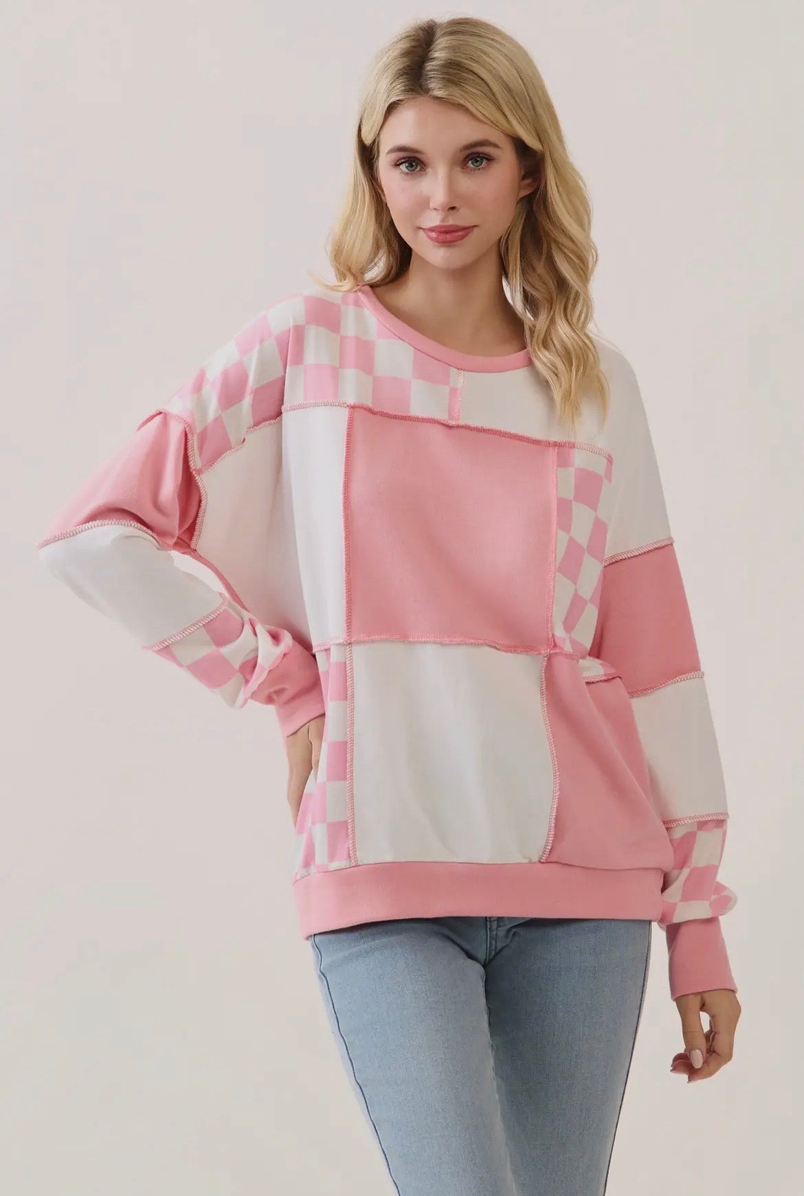 X-LARGE Pink Checkered Color Block Long Sleeve Top