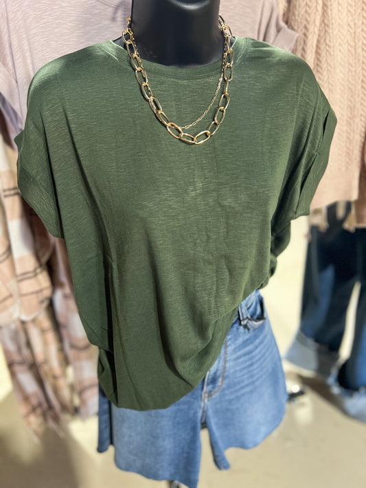 Army Green Cotton Modal Rolled Sleeve Top