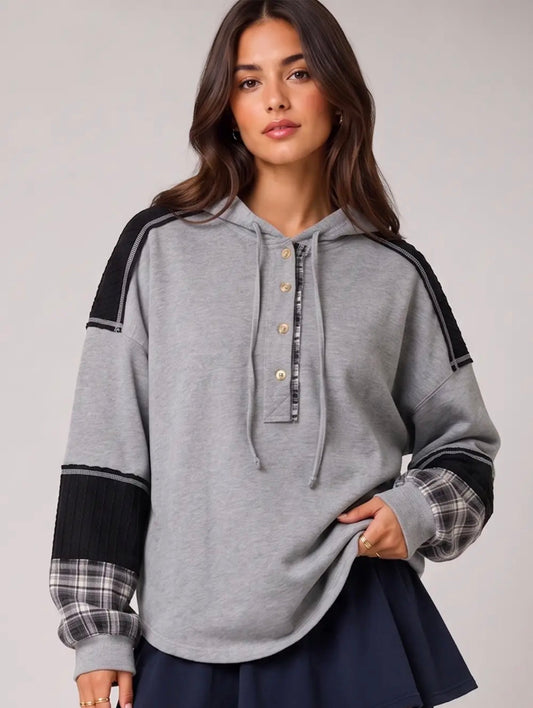 Grey + Black Plaid Contrast Hoodie