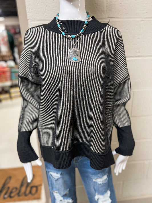 Black Ribbed Two-Tone Sweater