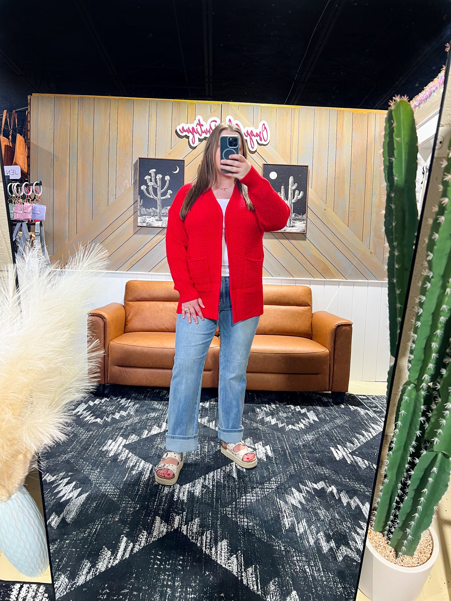 Ruby Red Waffle Knit Cardigan