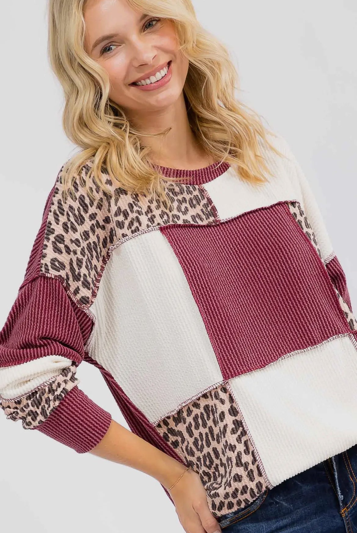 Burgundy + Cheetah Ribbed Colorblock Long Sleeve Top