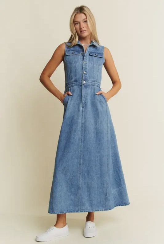 Ella Denim Sleeveless A-Line Dress