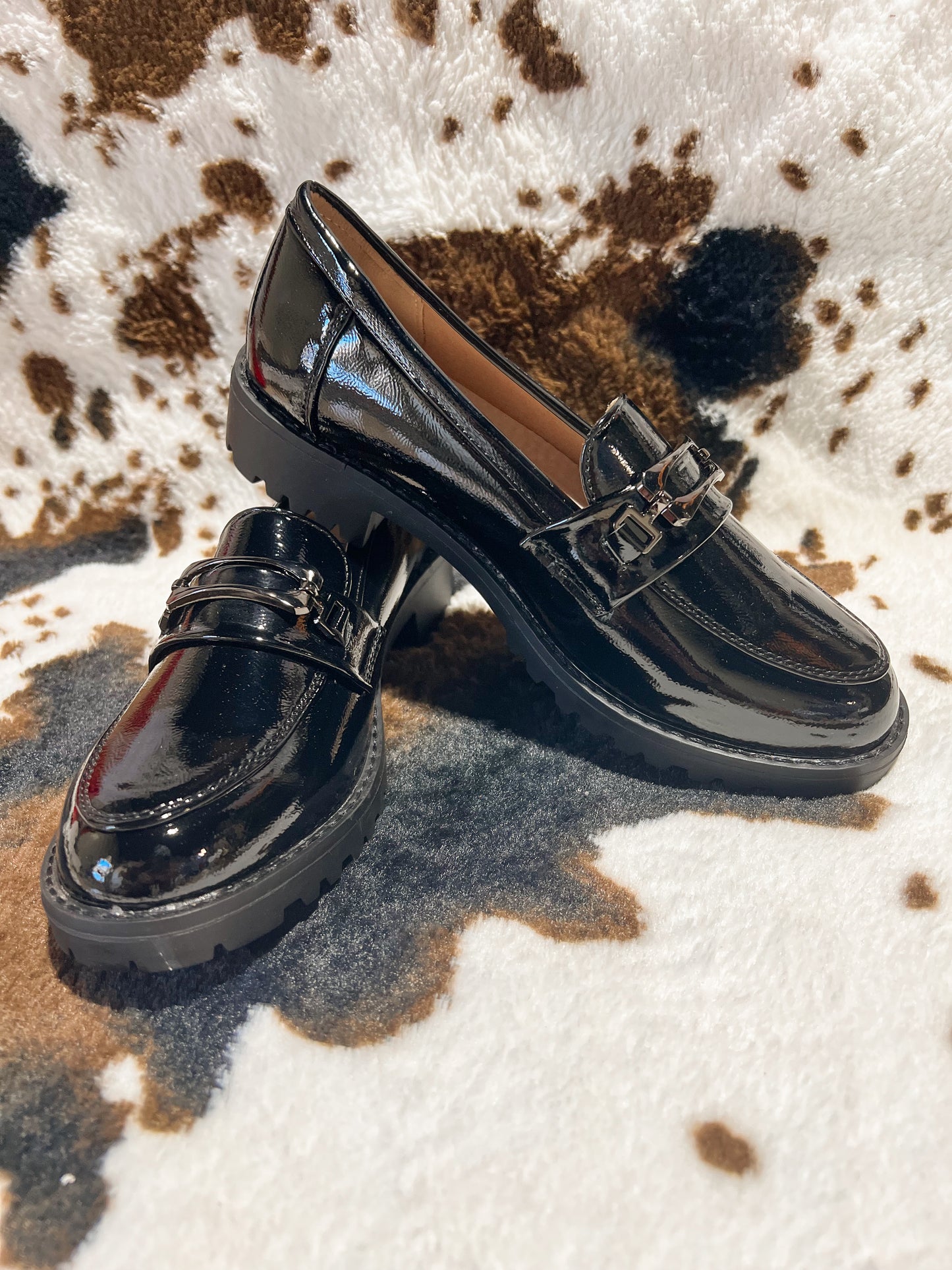 Anessa Black Faux Patent Leather Buckle Loafer