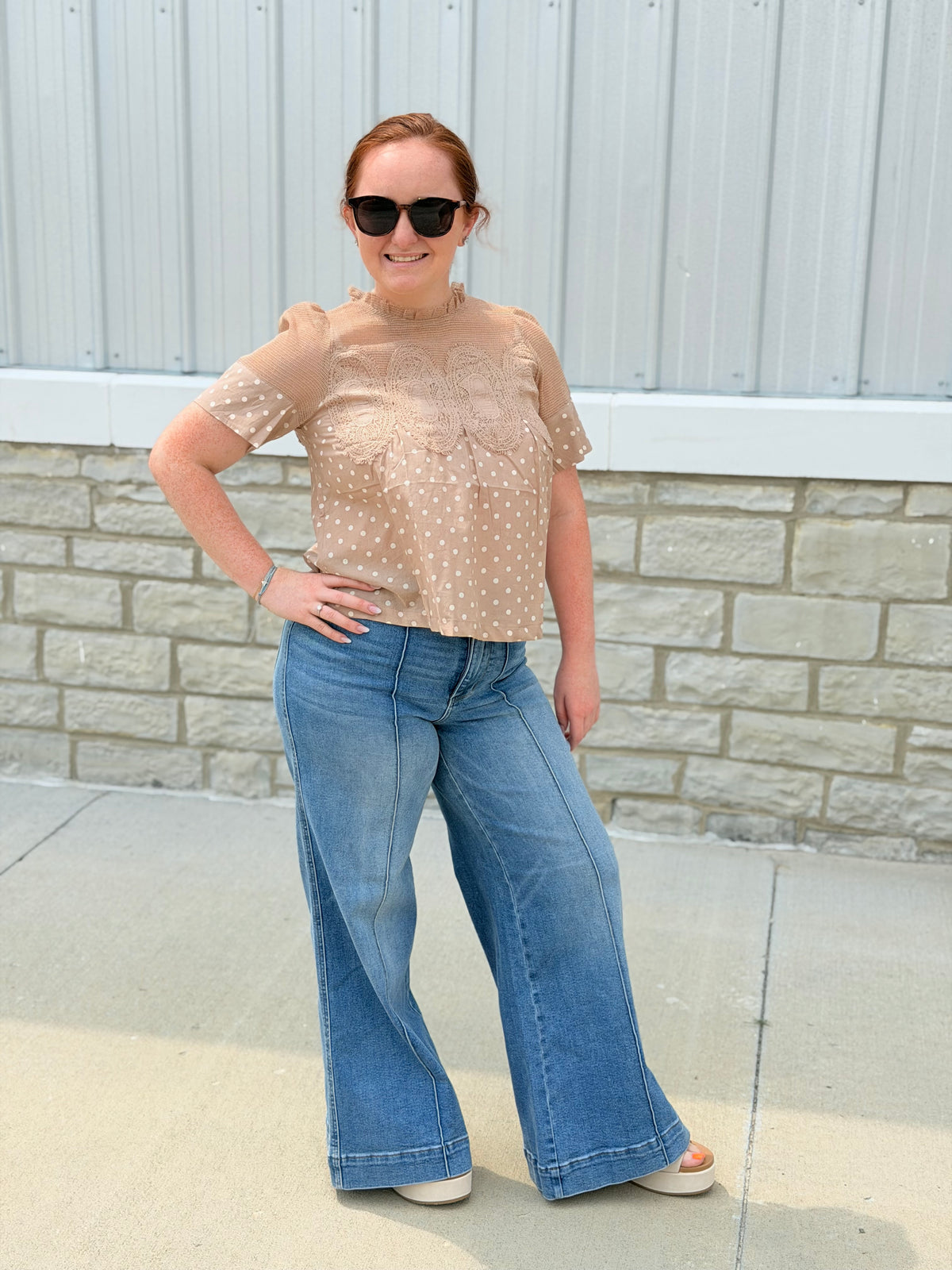 Beige Polka Dot Lace Trim Top