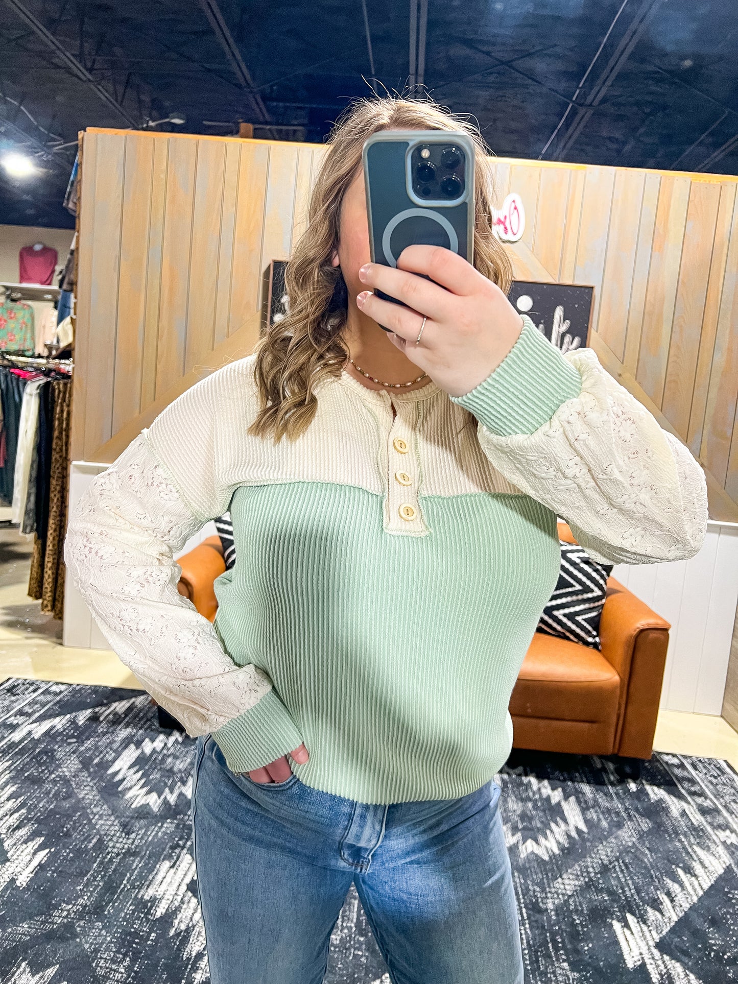 Sage Ribbed Lace Detail Long Sleeve Top