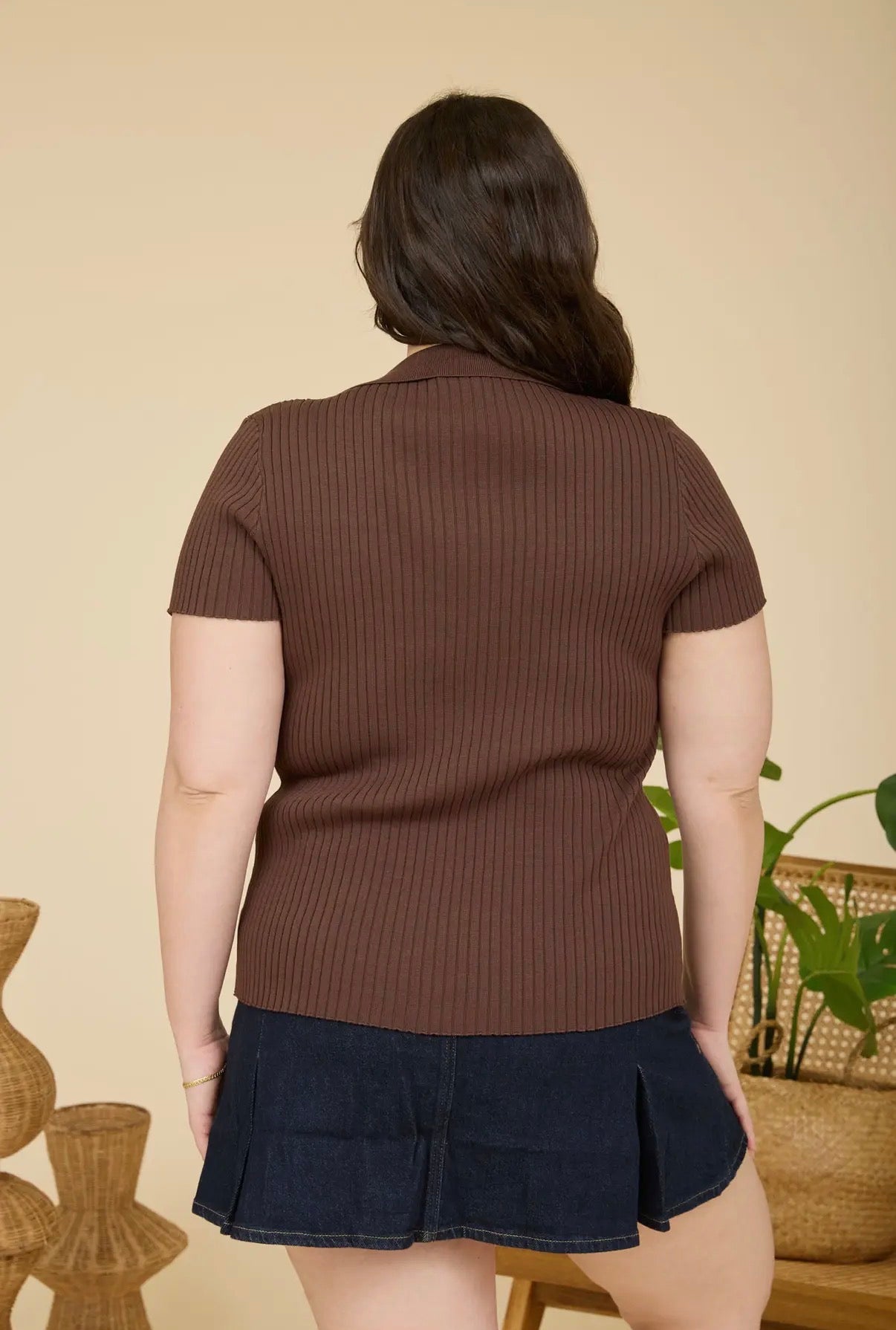 Brown Ribbed Collared Short Sleeve Top