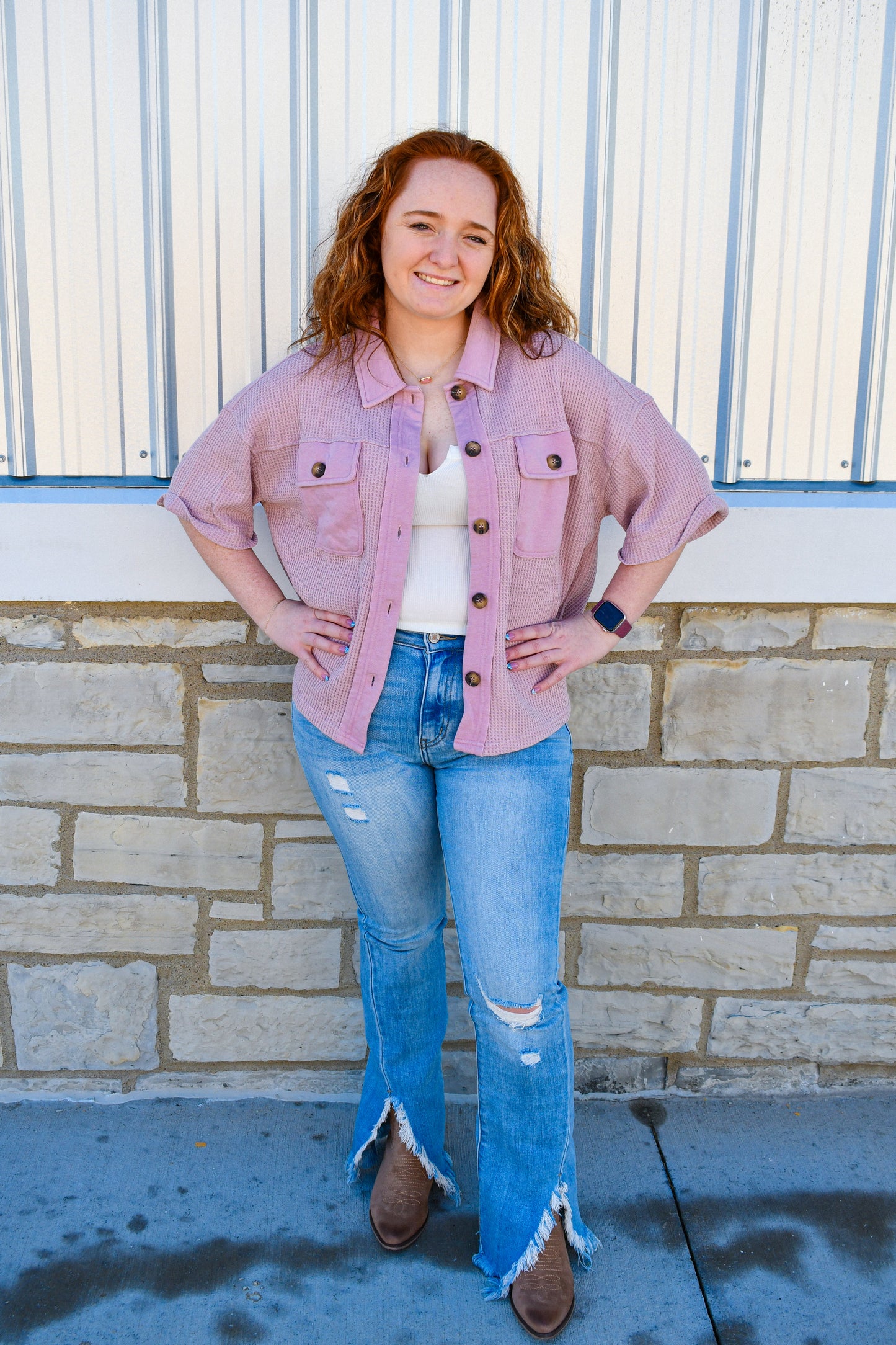 Lavender Waffle Knit Button Down Top