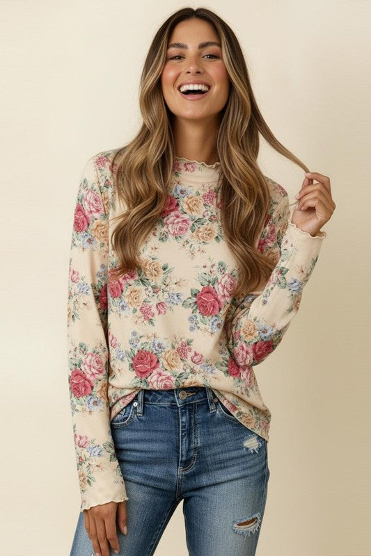 Oatmeal Floral Mock Neck Long Sleeve Top