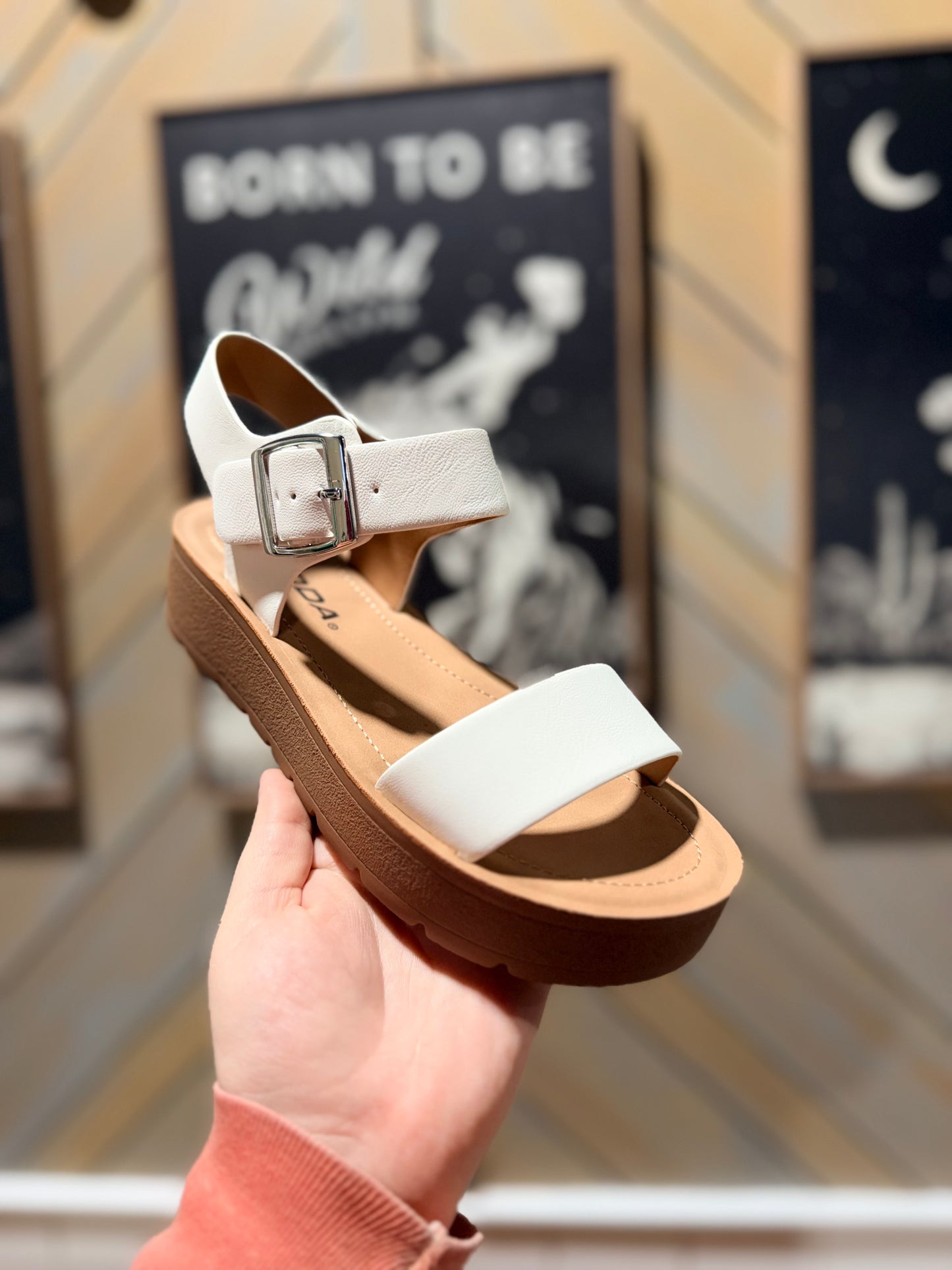 White Delaney Buckle Platform Sandals