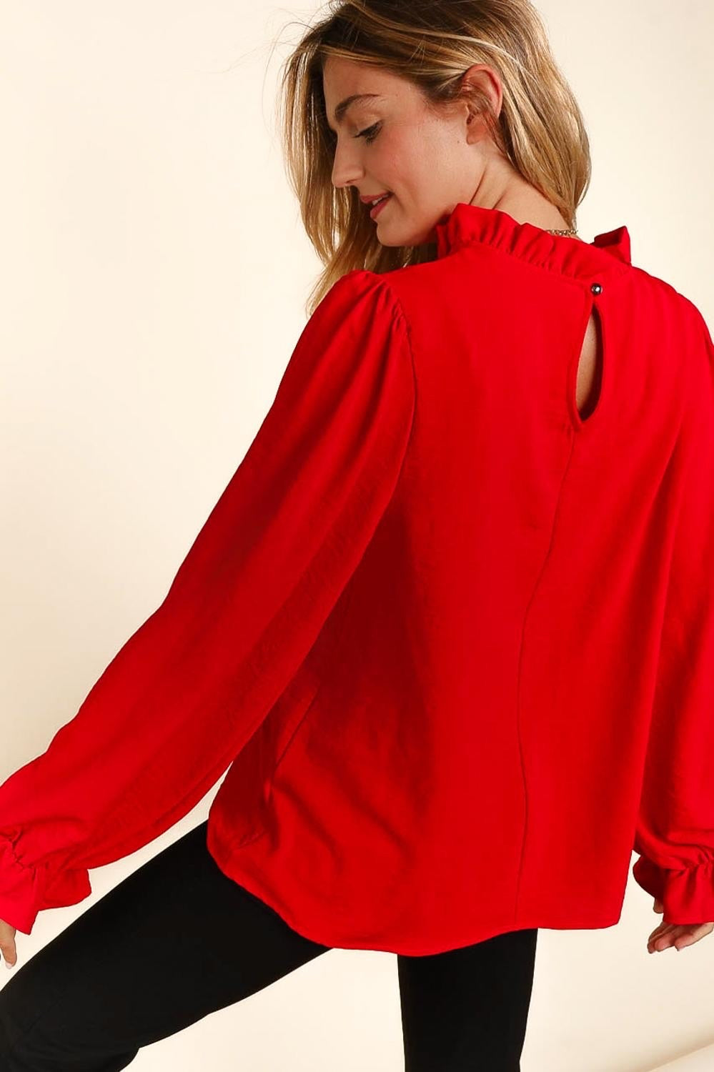 Red Mock Neck Long Sleeve Blouse