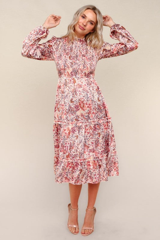 Marsala Satin Floral Smocked Midi Dress