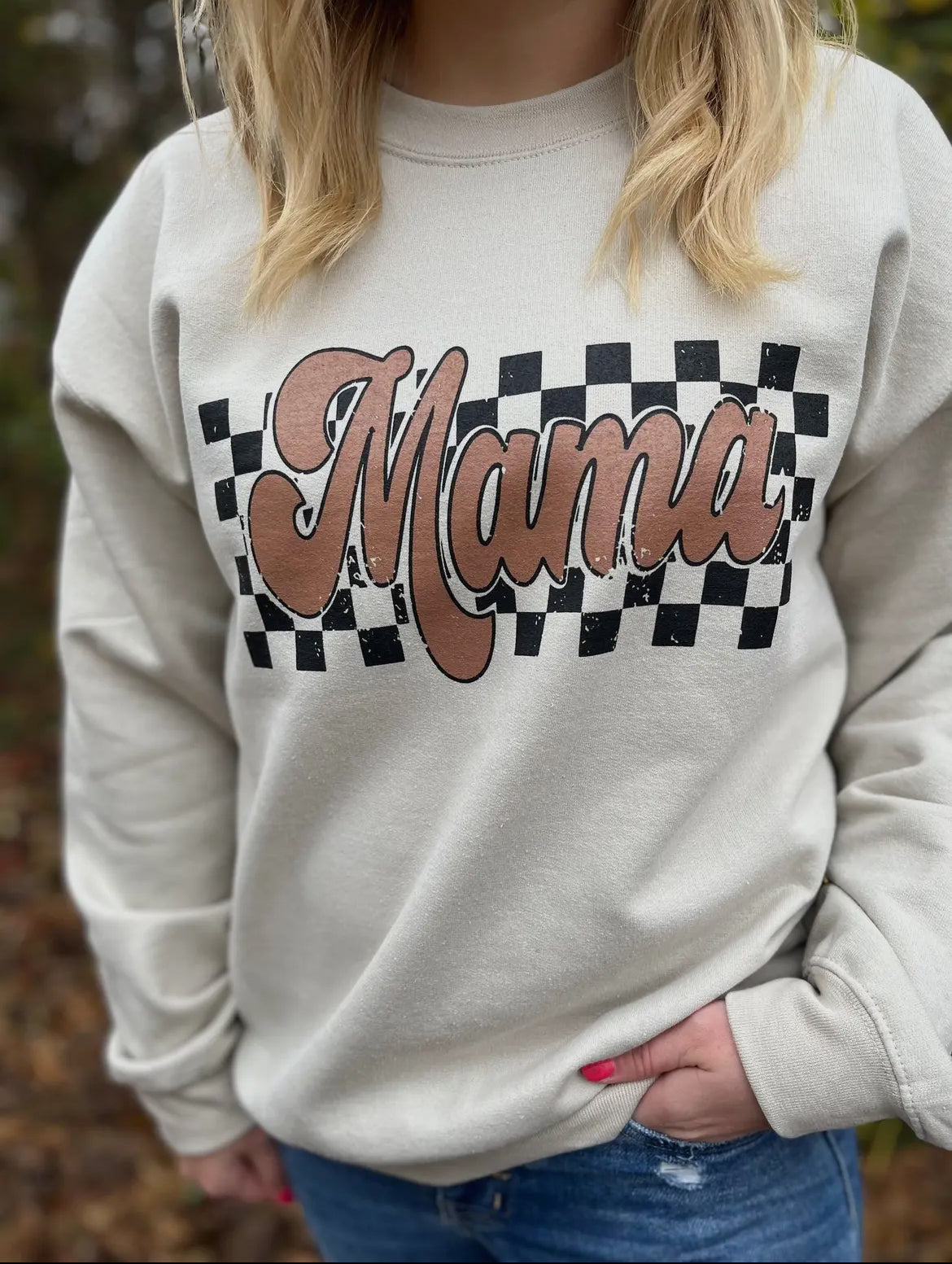 Sand Retro Checkered Mama Sweatshirt