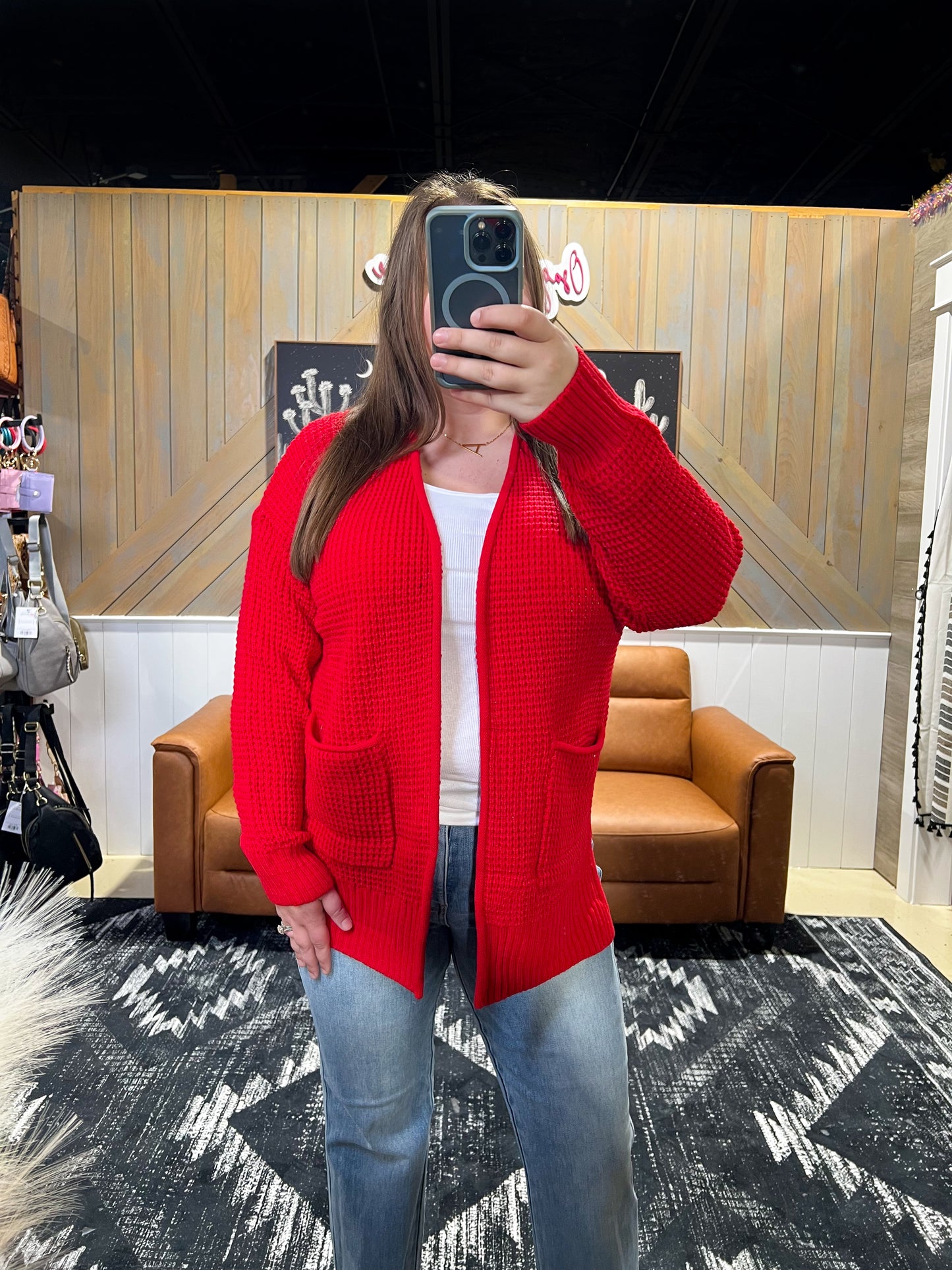 Ruby Red Waffle Knit Cardigan