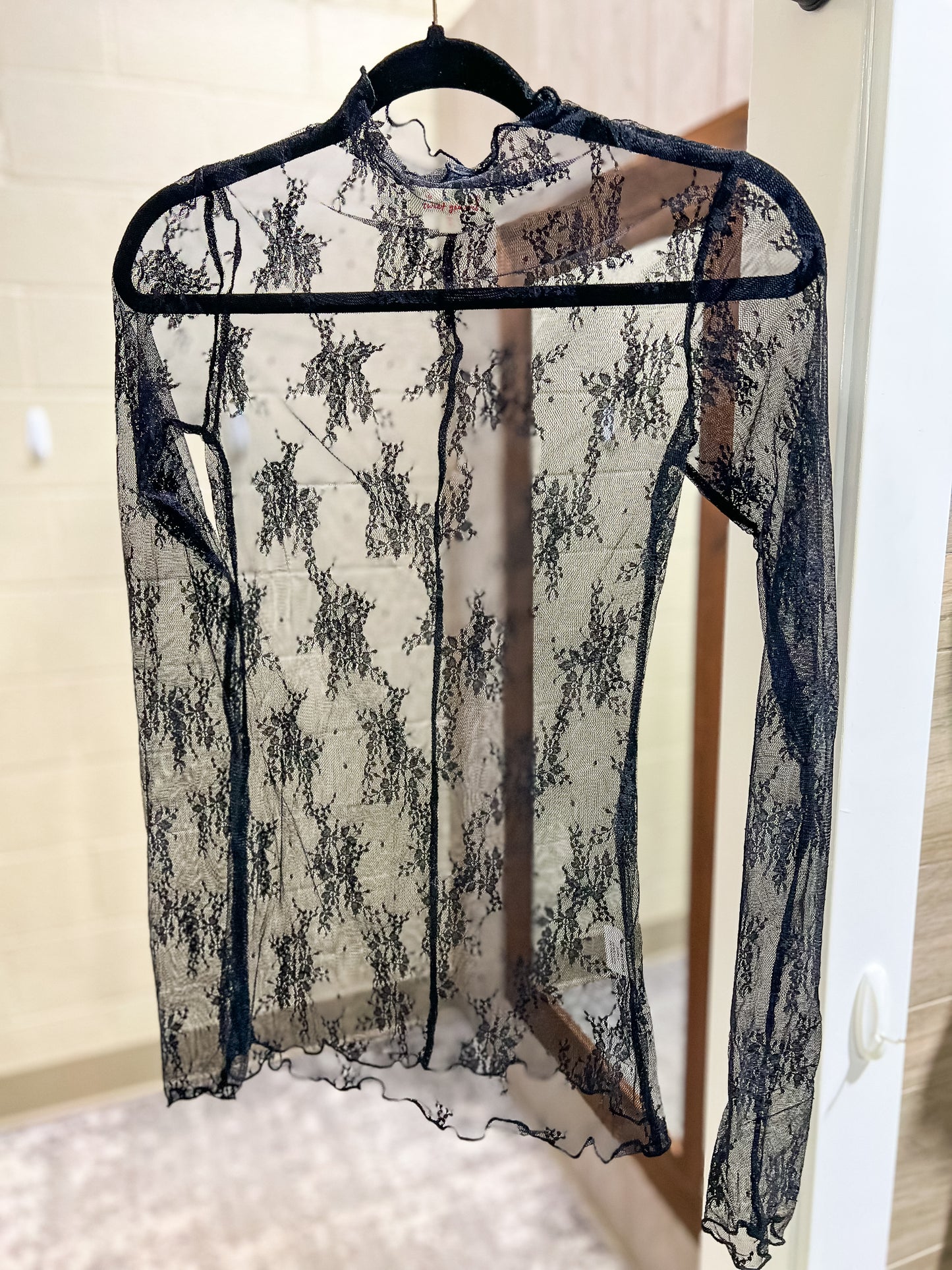 Black Sheer Mesh Lace Long Sleeve Top