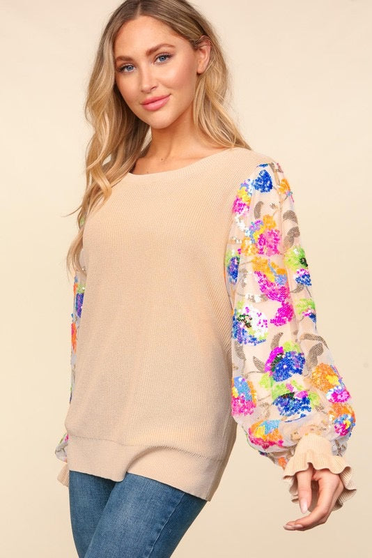 Tan Sequin Long Sleeve Top