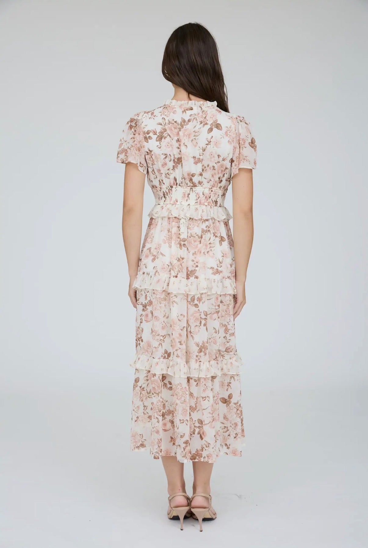 Ivory Floral Tiered Midi Dress