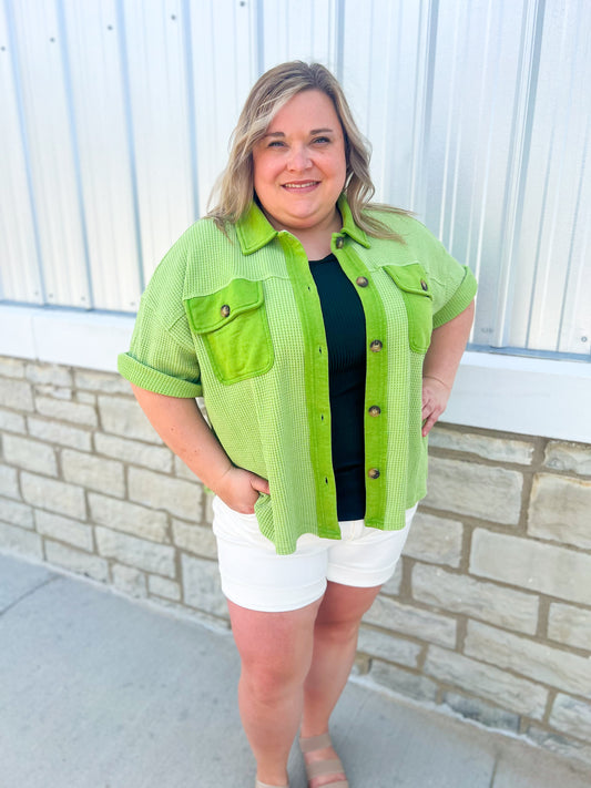 Lime Waffle Knit Button Down Top