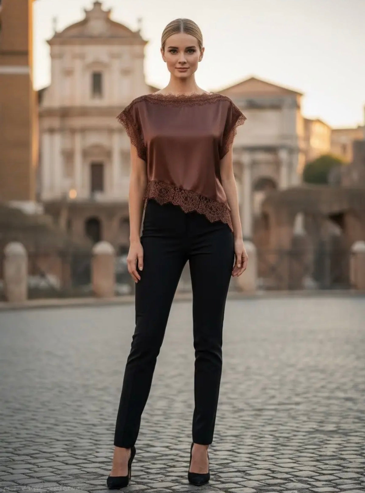 Brown Satin Lace Trim Asymmetric Top
