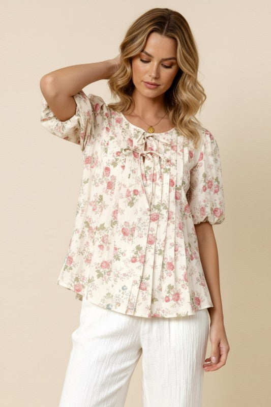 Vintage Bloom Pleated Top