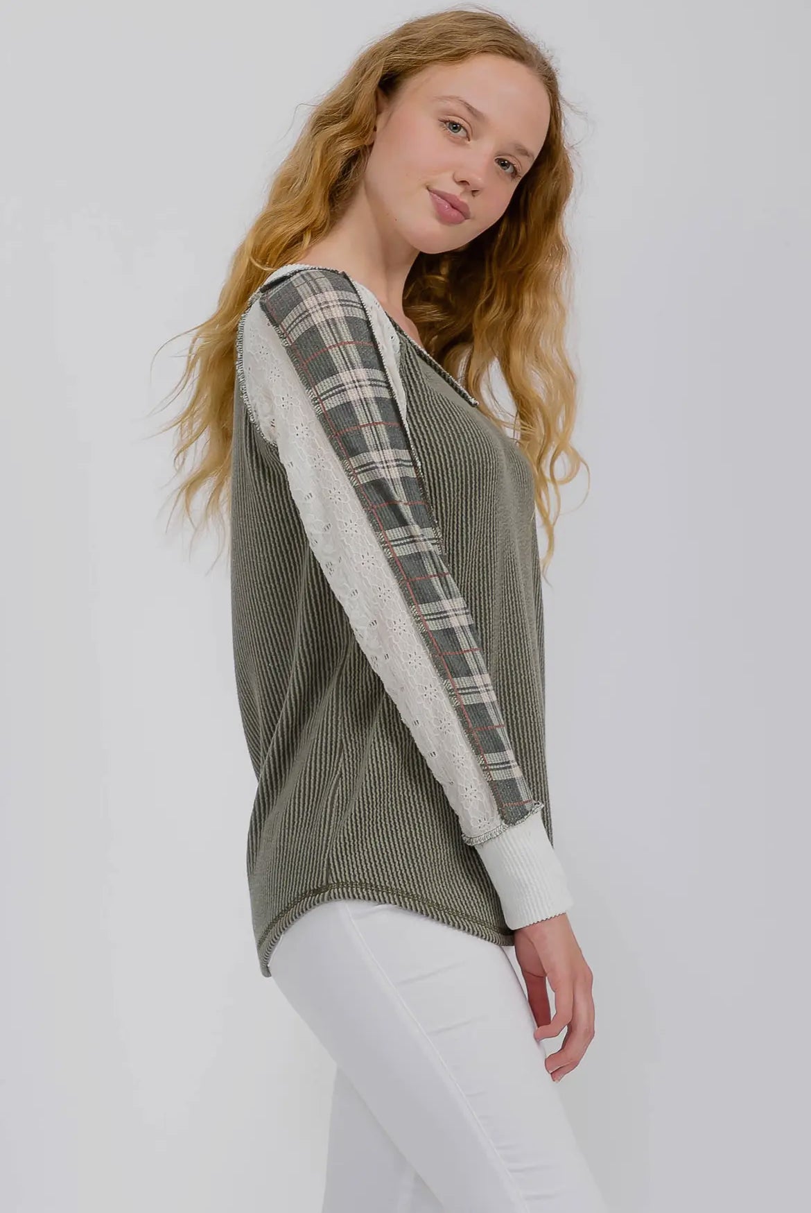 Olive + Plaid Ribbed Colorblock Long Sleeve Top