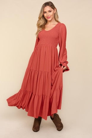 Marsala Smocked Long Sleeve Maxi Dress