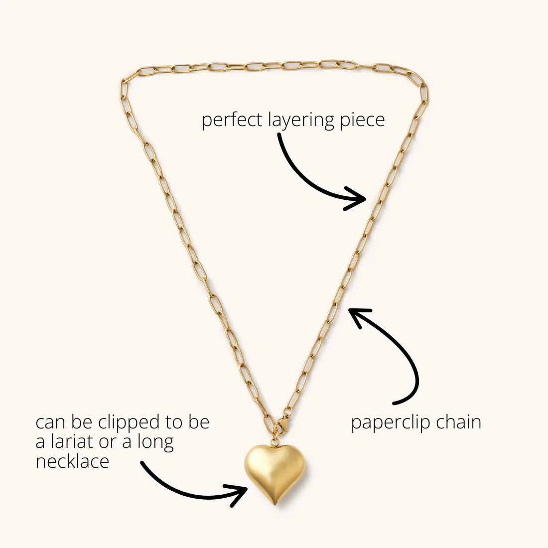 Gold Bubble Heart Paperclip Chain Necklace