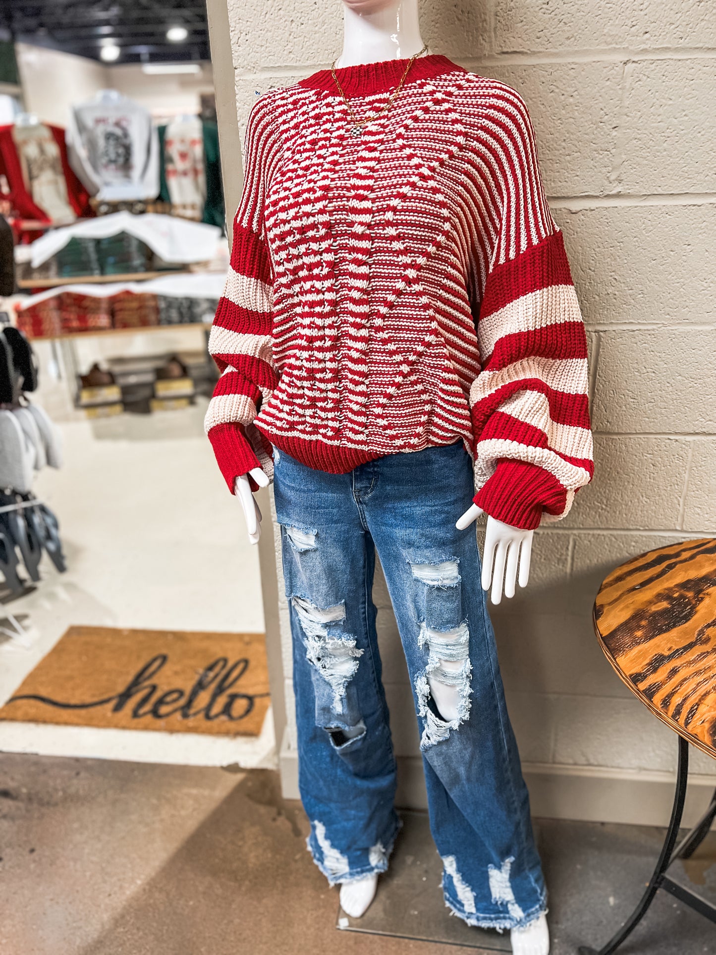 Red and White Stripe Crochet Sweater