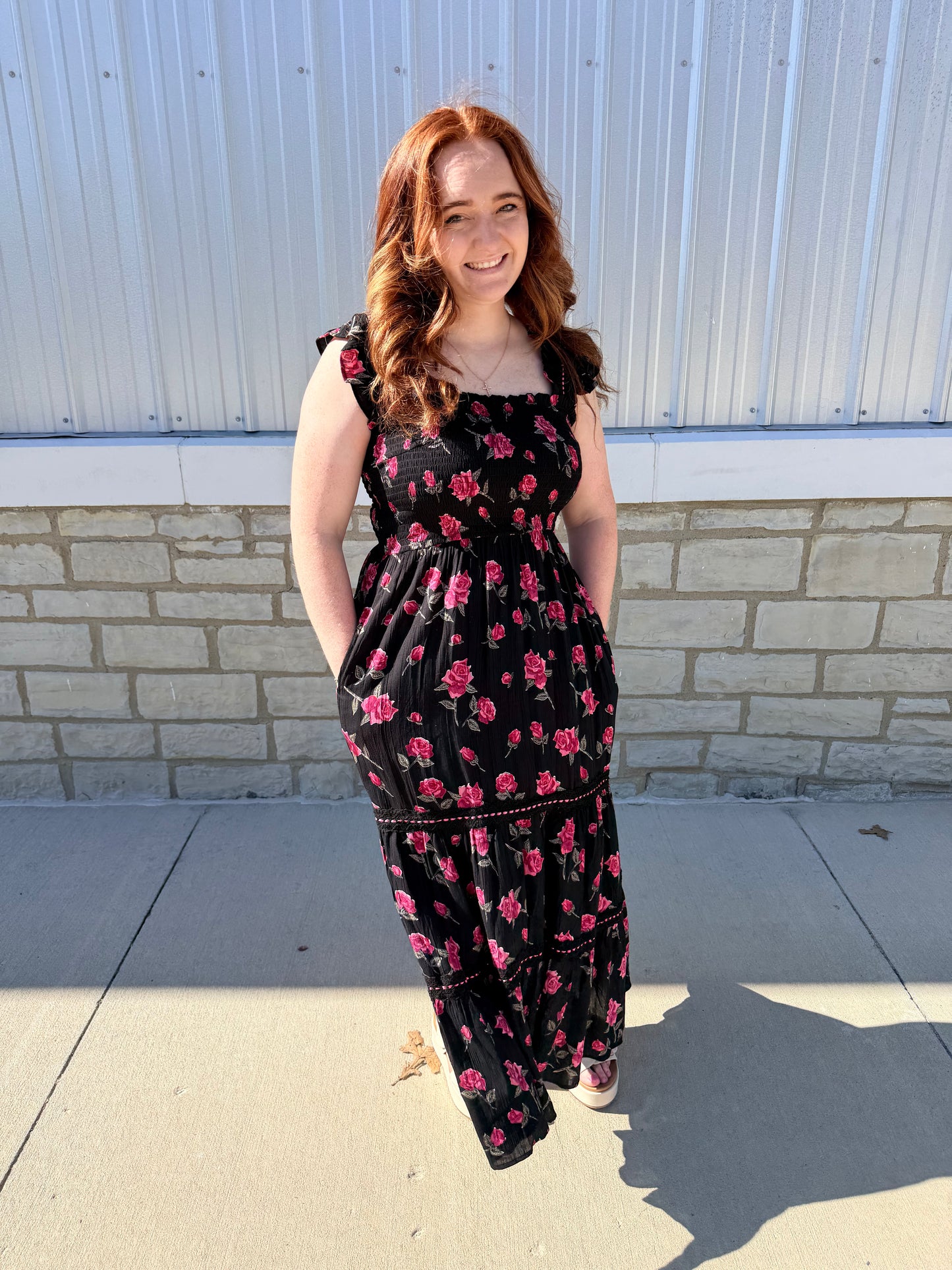 Black & Pink Floral Tiered Maxi Dress