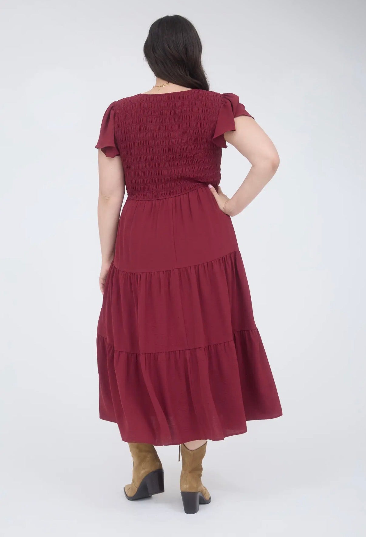 Burgundy Smocked Flutter Sleeve Midi Dress