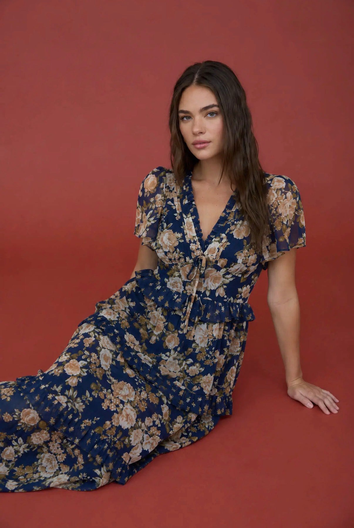 Navy Floral Tiered Midi Dress