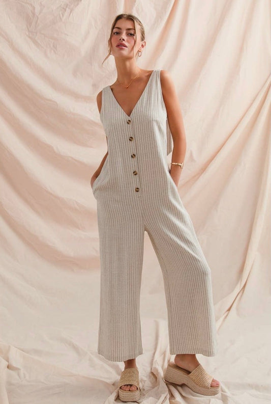 Oatmeal Stripe Linen Jumpsuit
