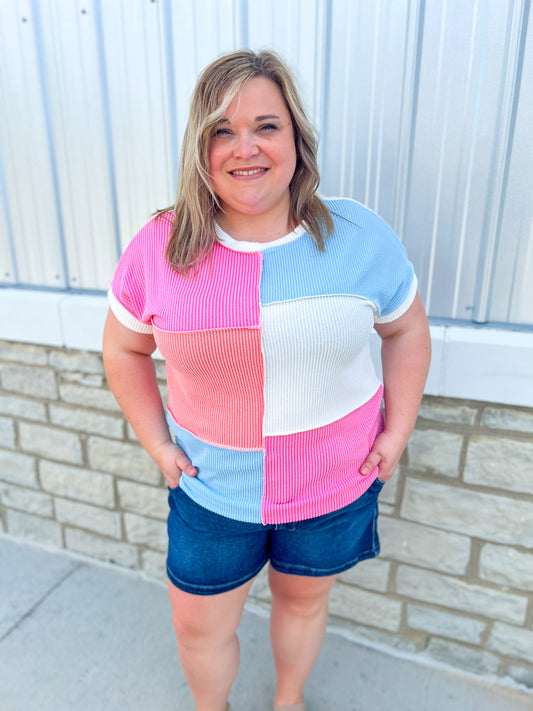 Pink & Blue Colorblock Ribbed Top